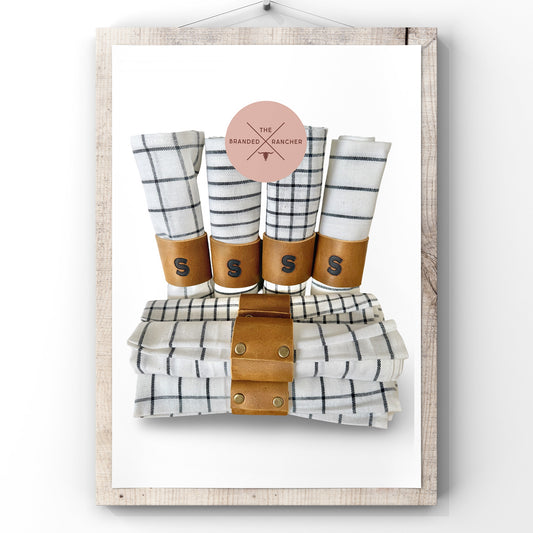 Leather + Brass Rivet Napkin Rings, Cloth Napkins (Set of 4)